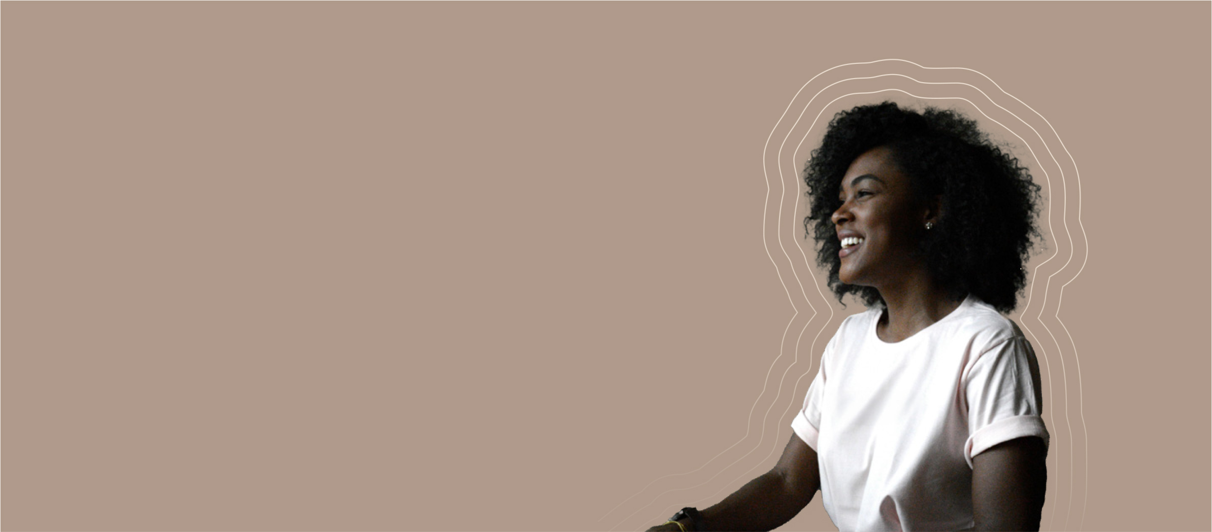 Smiling woman wearing a white t-shirt with artistic graphic lines in the background