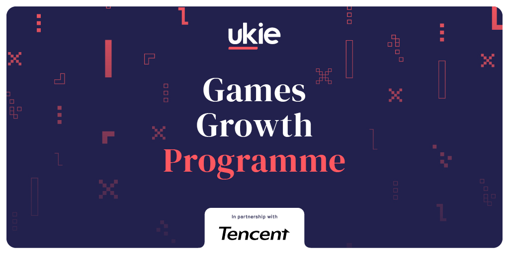 Ukie games growth programme graphic with a dark blue background and a pattern of various red shapes