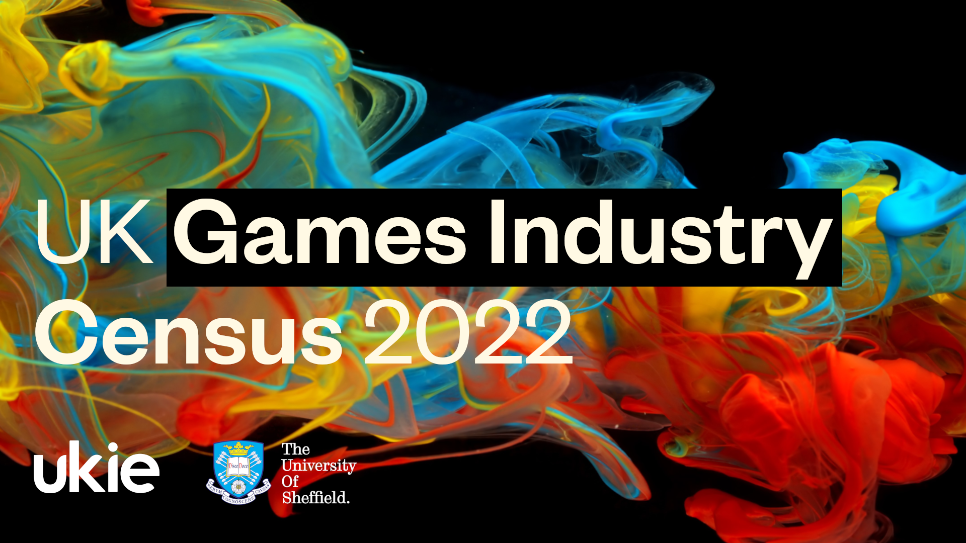 UK Games Industry Census 2022 promotional graphic on a black background with a multicoloured smoke effect