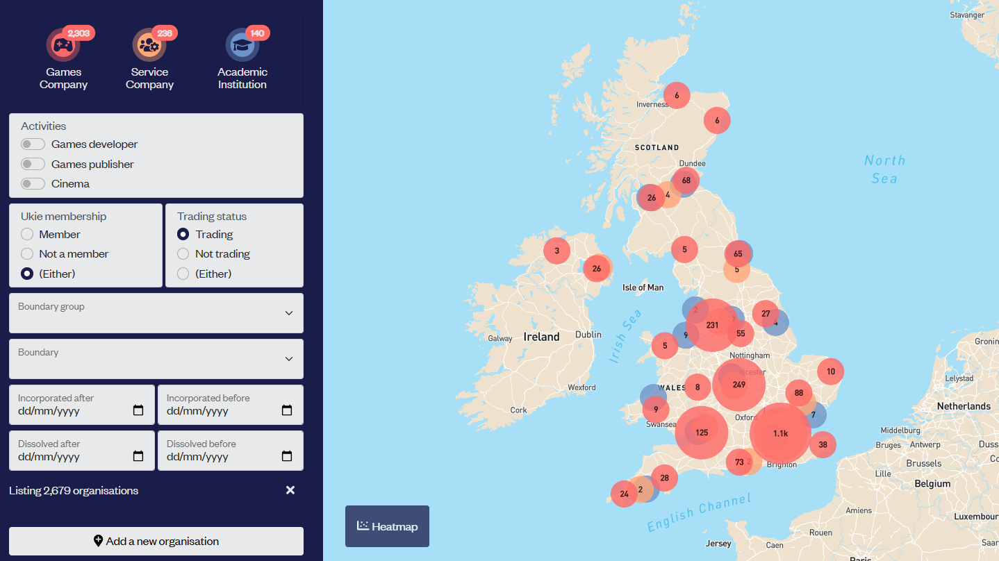 A graphic of an interactive map of the UK showing gaming hotspots