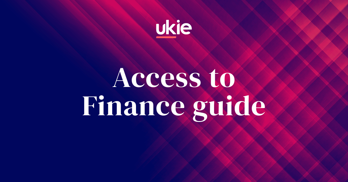 Ukie access to Finance guide promotional graphic with a dark blue and red gradient background and a cheque pattern