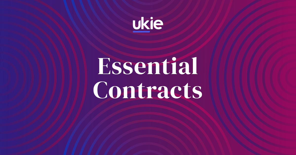 Ukie essential contracts promotional graphic with a purple and pink gradient background and a pattern of circles