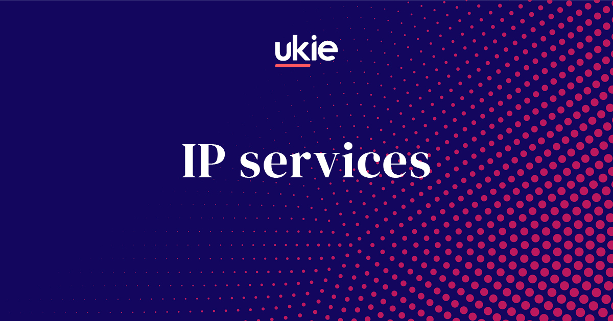Ukie IP services promotional graphic with a dark blue background and a pattern of red and purple dots